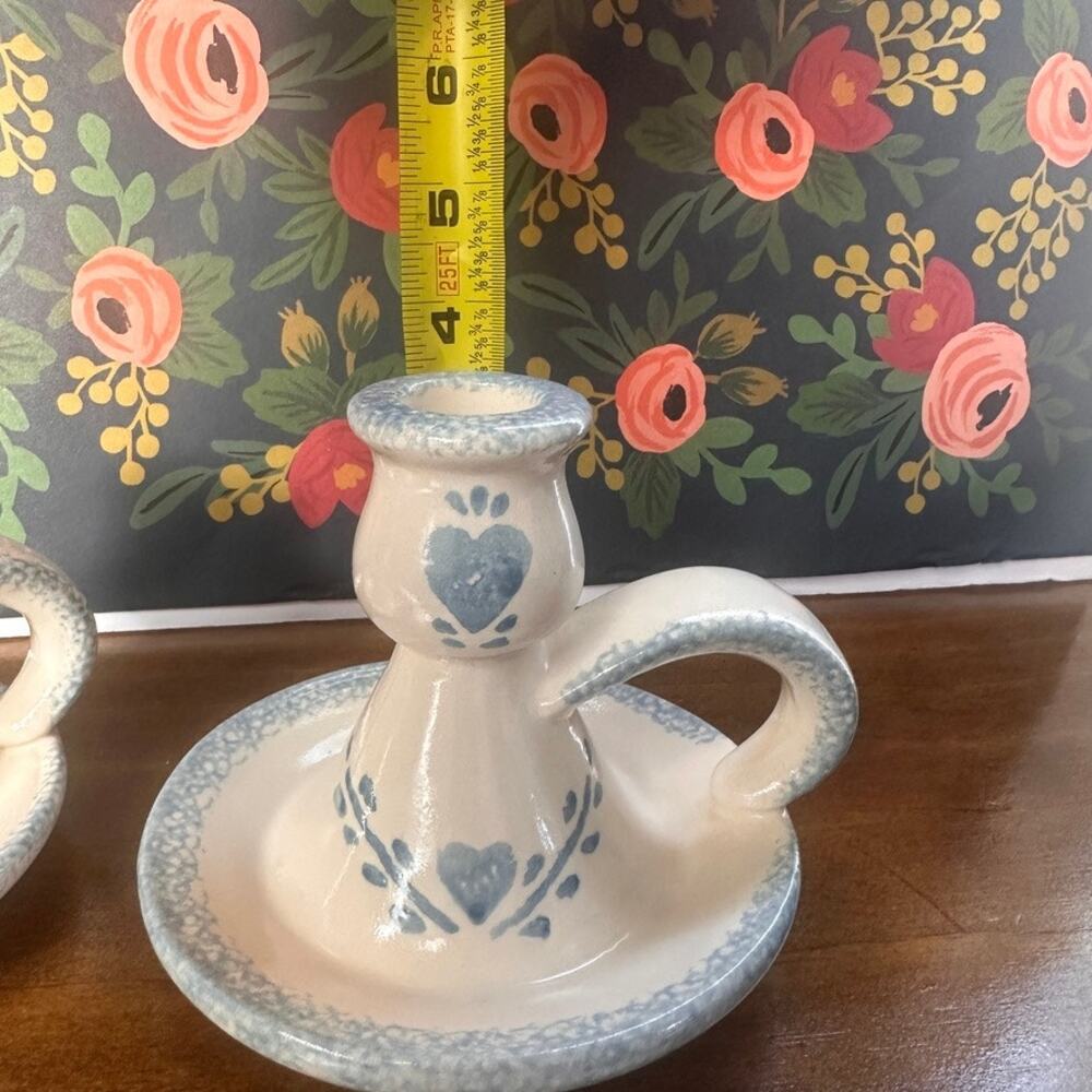 Vintage Hermitage Pottery Spongeware Cottage Heart Candle Holders – Set of 2 - Picture 6 of 8